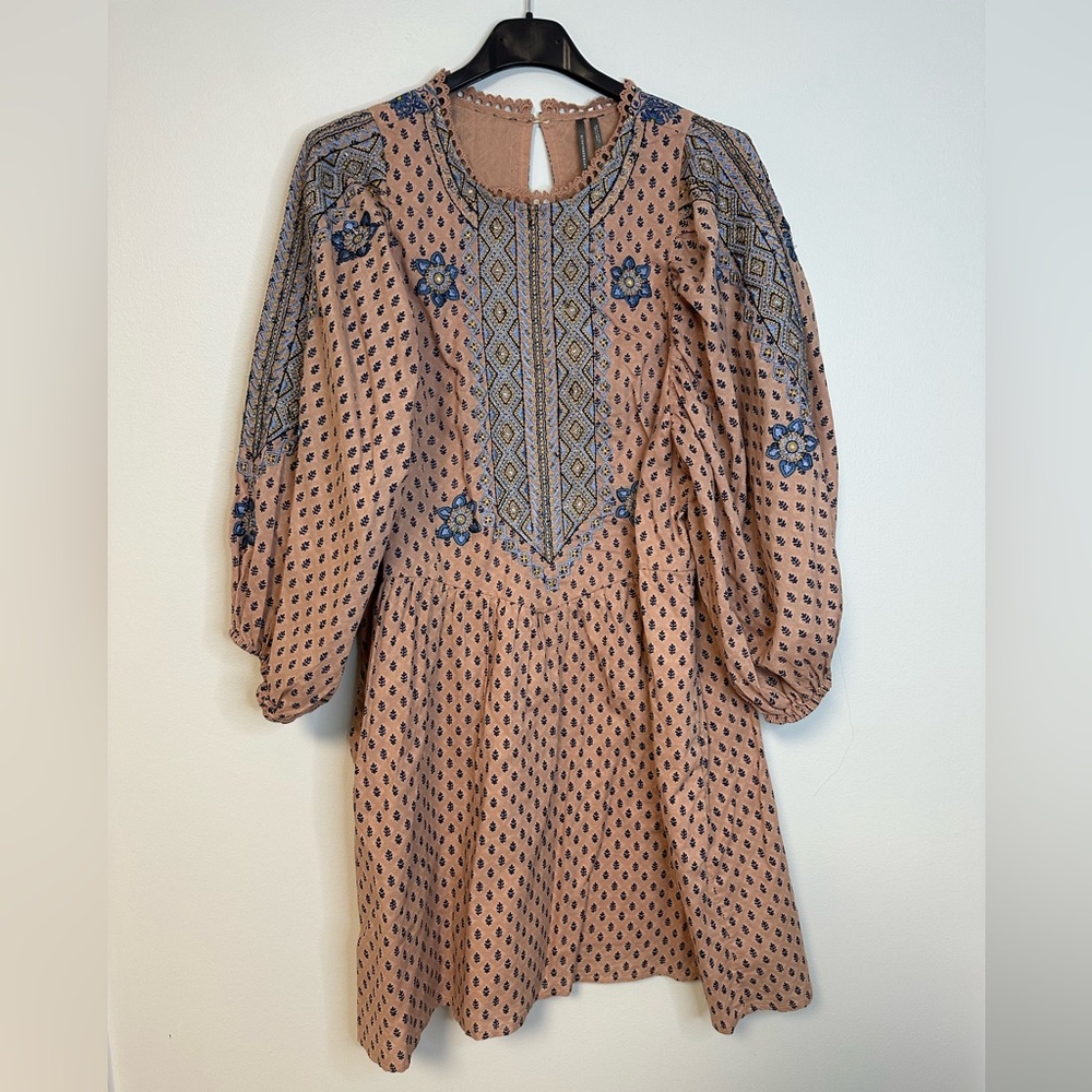 ANTHROPOLOGIE  Embroidered Cotton  Boho Mini Tunic Dress SZ 6 - Picture 4 of 17